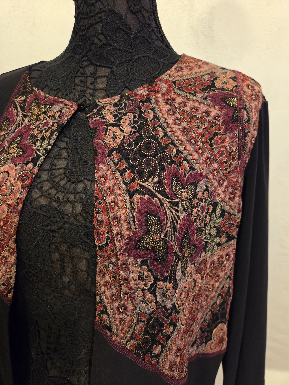 MSK Black Jacket with Burgundy and Pink Floral Panels